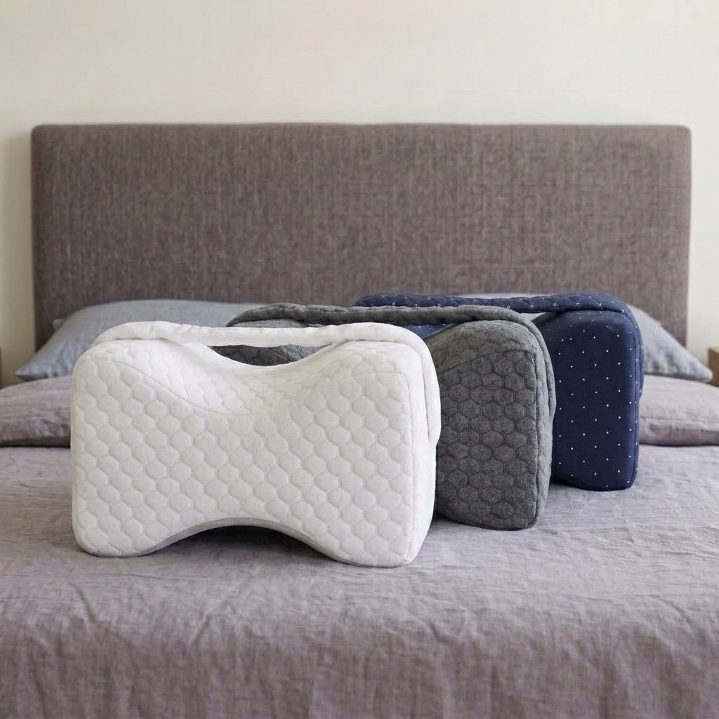 Les trois coussins Noctivelle sur un lit, blanc, gris anthracite et bleu marine
