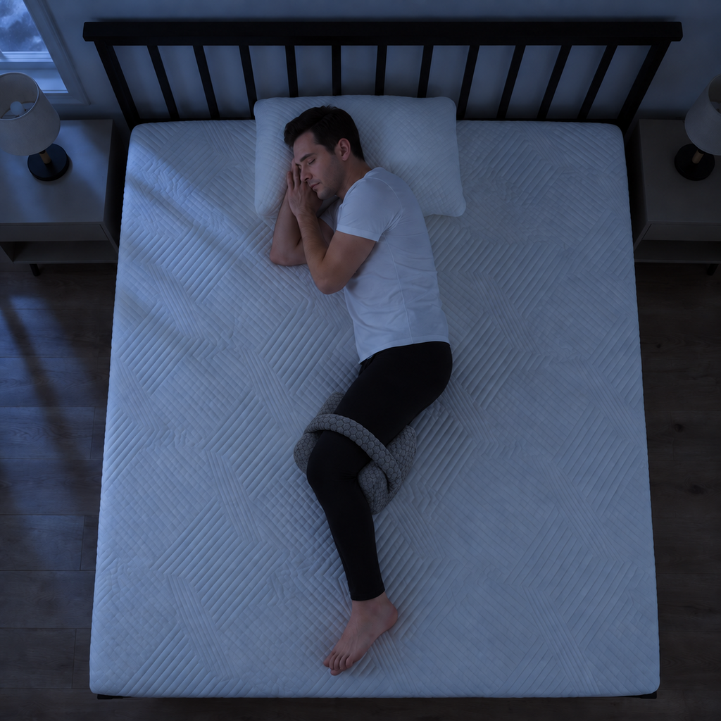 La sangle du coussin gris passée autour de la cuisse, la nuit, vue de dessus