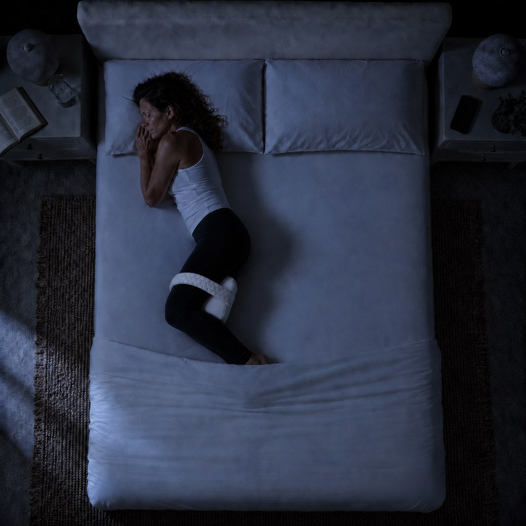 Vue de dessus, même lit et même position avec le coussin entre les genoux, les jambes restent l'une au-dessus de l'autre