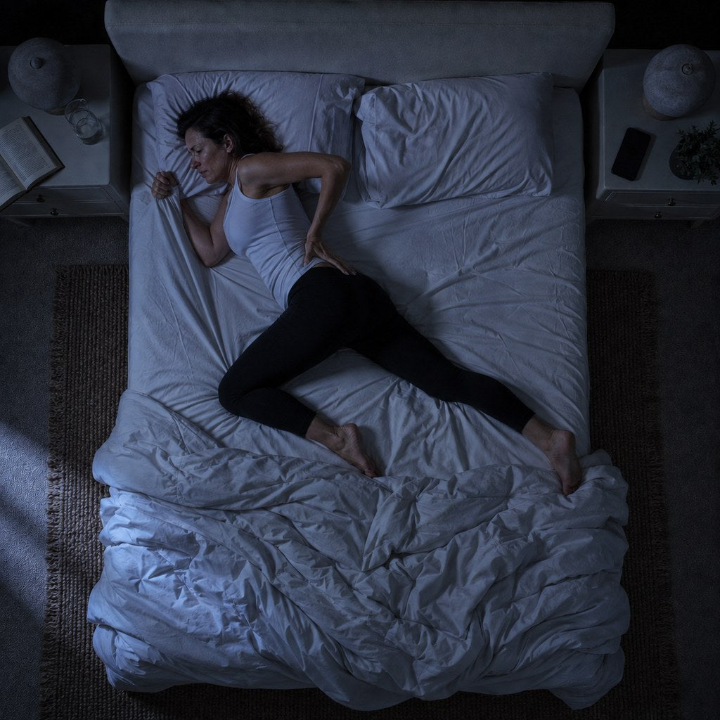 Vue de dessus, dormeuse sur le côté sans coussin, le genou du dessus est tombé vers l'avant et le bassin a suivi
